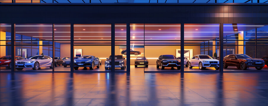 Car dealership at night